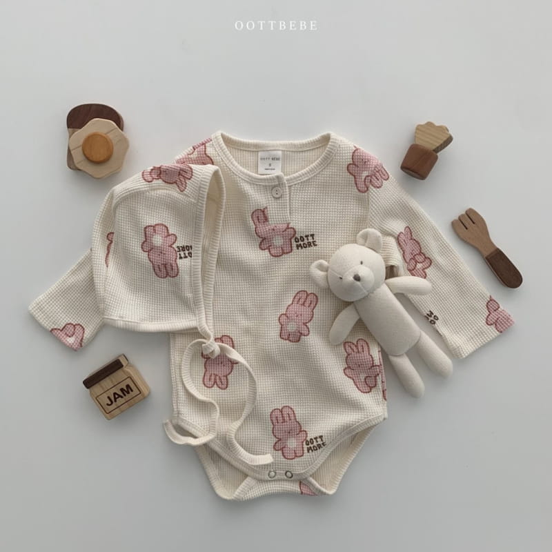 OOTT BEBE - Korean Children Fashion - #Kfashion4kids - Waffle More Bodysuit Bib Bonnet Set - 3
