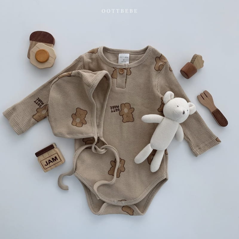 OOTT BEBE - Korean Children Fashion - #Kfashion4kids - Waffle More Bodysuit Bib Bonnet Set - 4