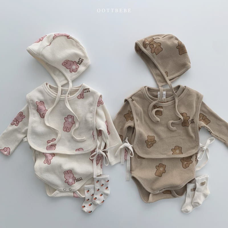 OOTT BEBE - Korean Children Fashion - #Kfashion4kids - Waffle More Bodysuit Bib Bonnet Set - 5
