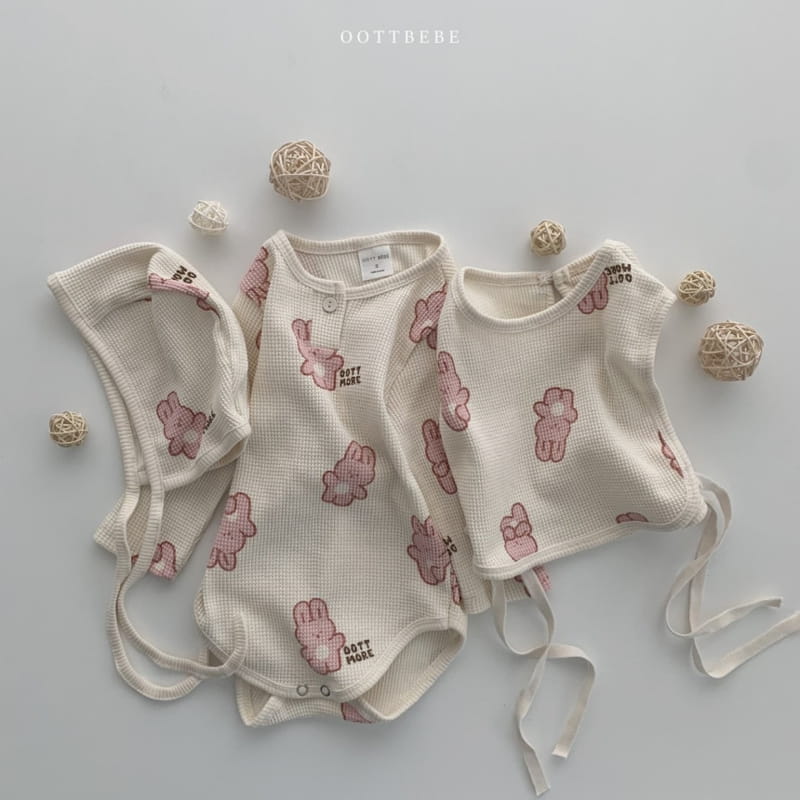OOTT BEBE - Korean Children Fashion - #Kfashion4kids - Waffle More Bodysuit Bib Bonnet Set - 6