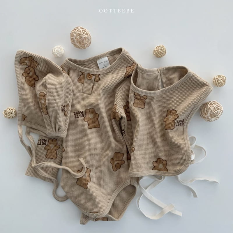 OOTT BEBE - Korean Children Fashion - #Kfashion4kids - Waffle More Bodysuit Bib Bonnet Set - 7