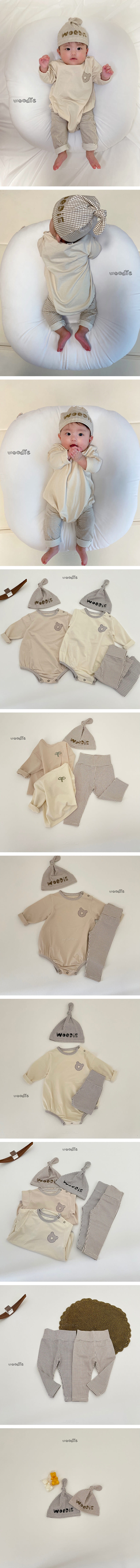 WOODIE - Korean Children Fashion - #Kfashion4kids - Check Romper with Leggings & Beanie
