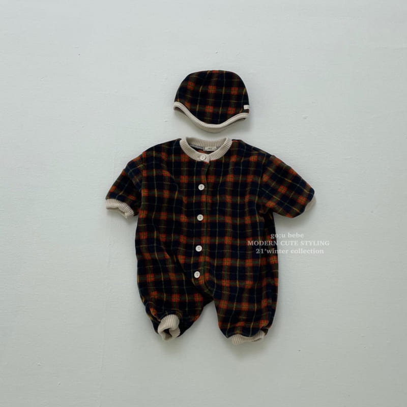 GO;U - Korean Children Fashion - #Kfashion4kids - Winter Check Bodysuit with Bonnet