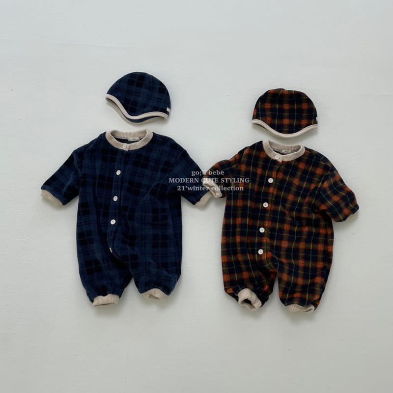 GO;U - Korean Children Fashion - #Kfashion4kids - Winter Check Bodysuit with Bonnet - 2