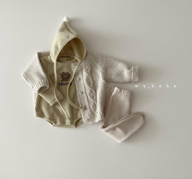 MY BEBE - Korean Children Fashion - #Kfashion4kids - Bear Waffle Bodysuit with Bonnet - 12