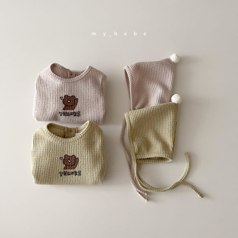 MY BEBE - Korean Children Fashion - #Kfashion4kids - Bear Waffle Bodysuit with Bonnet - 3