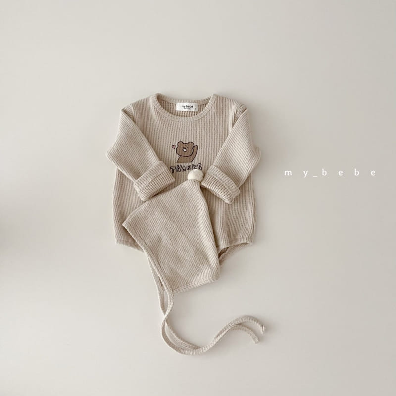 MY BEBE - Korean Children Fashion - #Kfashion4kids - Bear Waffle Bodysuit with Bonnet - 9