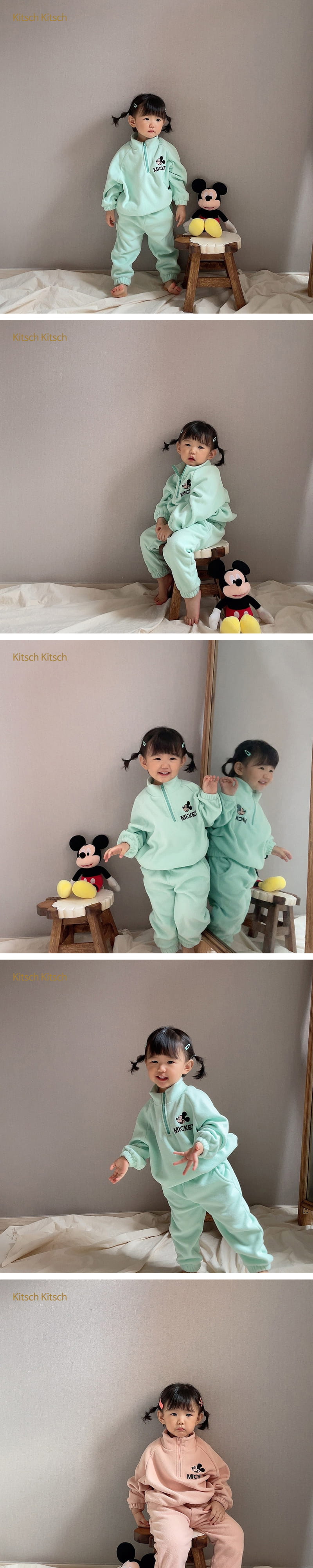 KITSCH KITSCH - Korean Children Fashion - #Kfashion4kids - Let's Go Mickey Half Neck Top Bottom Set - 2